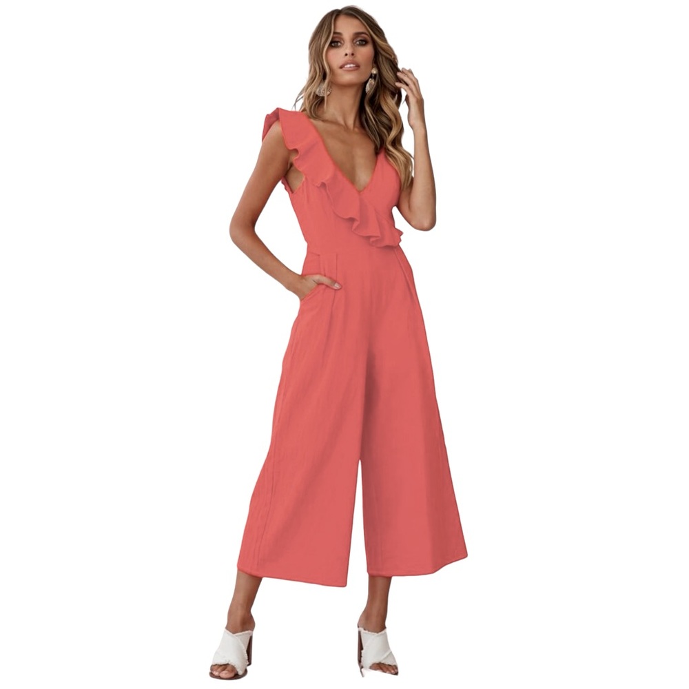 Saints and Secret Tangerine Wide Leg Jumpsuit Sleeveless Ruffle Strap Size M